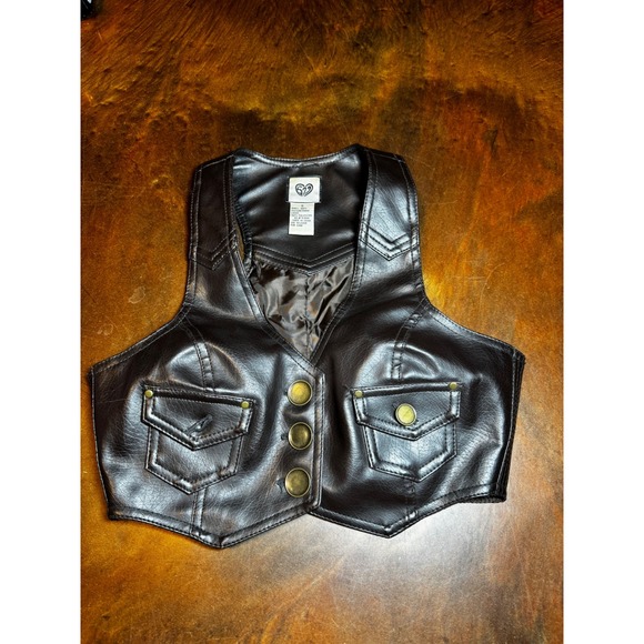 Vtg Faux Leather Vest Brown 3 Button Snap Pockets Western Style Cropped - Picture 1 of 7
